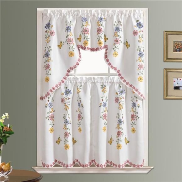 3pcs Farmhouse Kitchen Cafe Curtain Set Air Brushed by Hand of Flowers&Butterfly - Picture 3 of 5